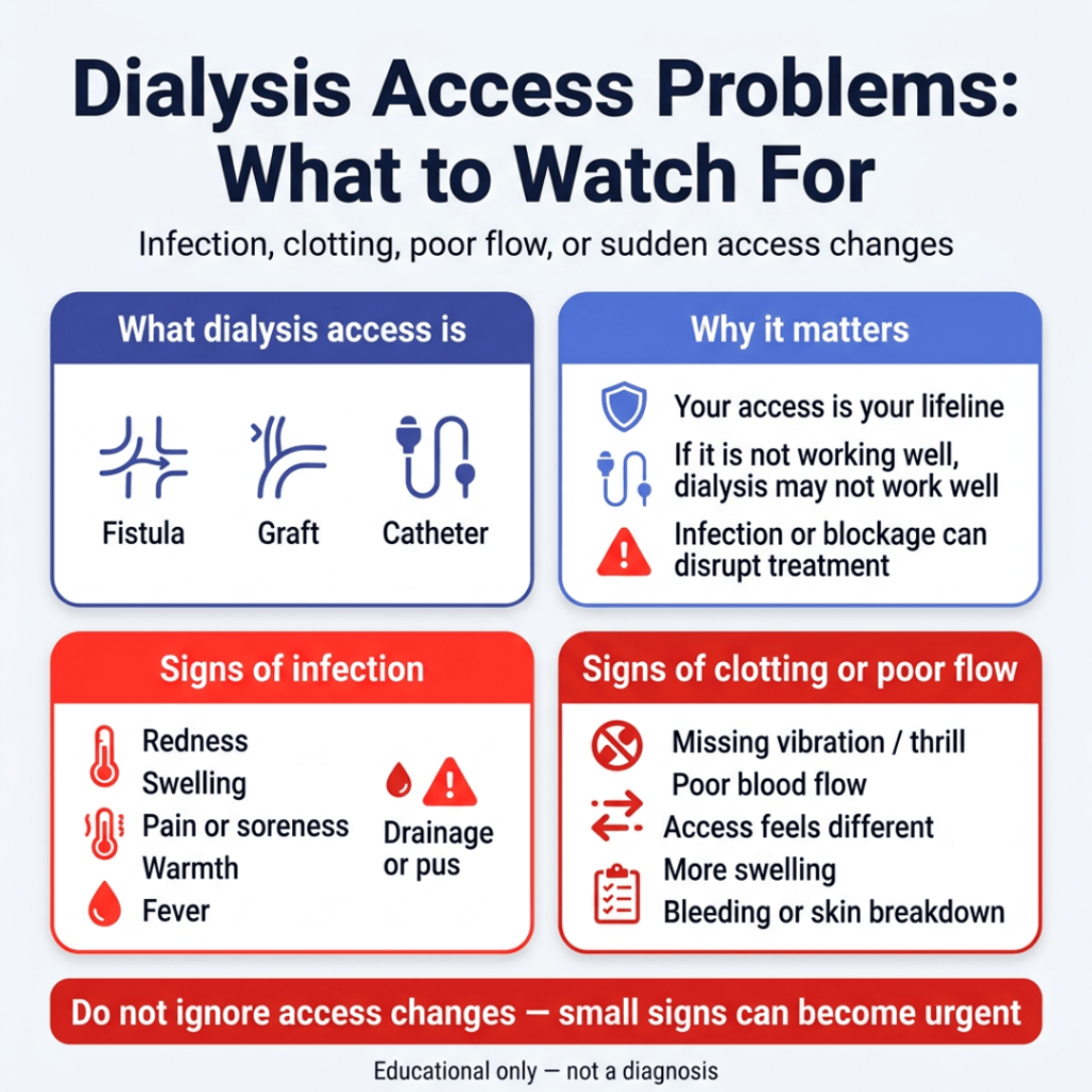 Dialysis Access Problems: Signs of Infection, Clotting, or Trouble 1 Infographic titled “Dialysis Access Problems: What to Watch For” describing dialysis access types—fistula, graft, and catheter—and why access problems matter. It lists infection signs such as redness, swelling, pain, warmth, fever, and drainage, and clotting or poor-flow signs such as missing thrill, poor blood flow, swelling, bleeding, or skin breakdown, with a warning not to ignore access changes.