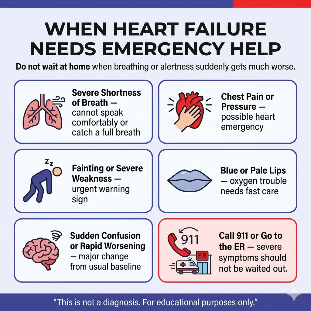 End-Stage Heart Failure Symptoms: What to Expect and When to Get Emergency Help 2 Infographic explaining when heart failure needs emergency help, warning not to wait at home if breathing or alertness suddenly gets much worse. Emergency signs shown include severe shortness of breath, chest pain or pressure, fainting or severe weakness, blue or pale lips, sudden confusion, or rapid worsening from the usual baseline. It advises calling 911 or going to the ER because severe symptoms should not be waited out. Educational purposes only.