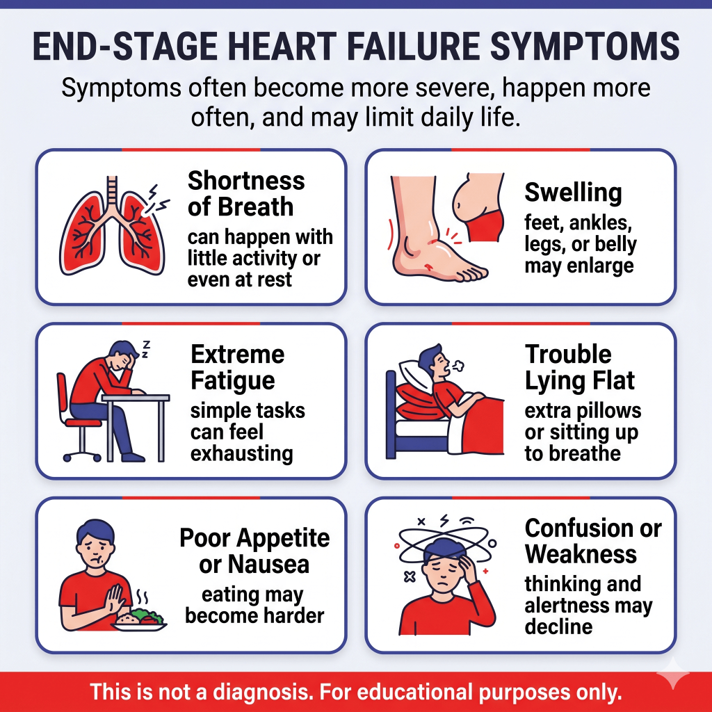 End-Stage Heart Failure Symptoms: What to Expect and When to Get Emergency Help 1 Infographic listing symptoms of end-stage heart failure, noting that symptoms may become more severe, happen more often, and limit daily life. Symptoms shown include shortness of breath with little activity or at rest, swelling in the feet, ankles, legs, or belly, extreme fatigue, trouble lying flat, poor appetite or nausea, and confusion or weakness. Educational purposes only.