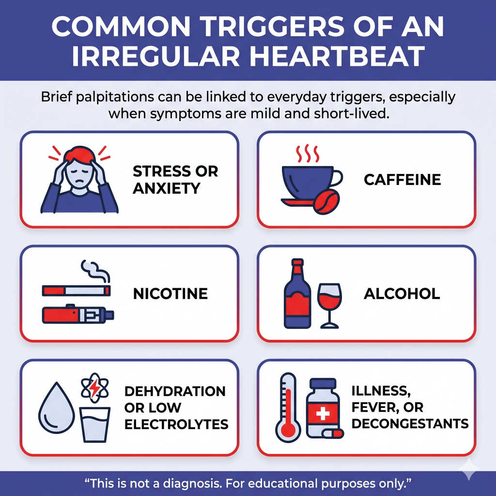 When Should You Be Worried About an Irregular Heartbeat? Warning Signs, Common Causes, and When to Go to the ER 1 Infographic listing common triggers of an irregular heartbeat, noting that brief palpitations may be linked to everyday triggers when symptoms are mild and short-lived. Triggers shown include stress or anxiety, caffeine, nicotine, alcohol, dehydration or low electrolytes, and illness, fever, or decongestants. Educational purposes only.