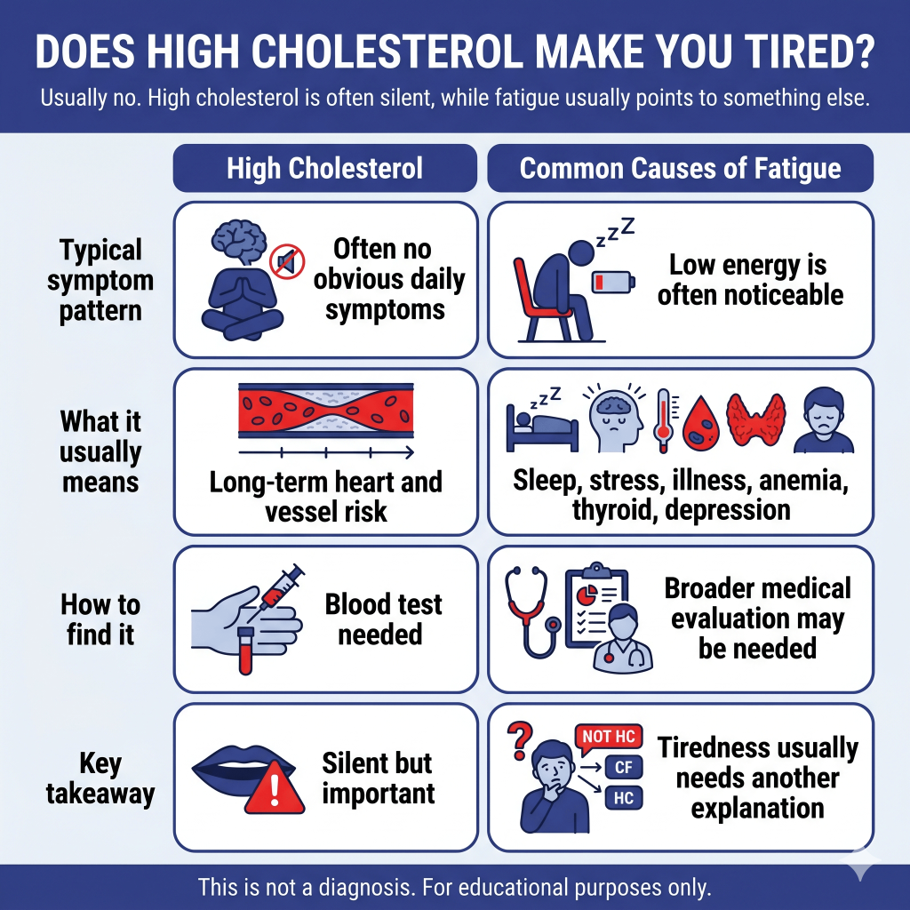 Does High Cholesterol Make You Tired? What It Usually Does, What It Usually Doesn’t, and When to Get Checked 1 Infographic explaining that high cholesterol usually does not directly make a person tired because it is often silent. It compares high cholesterol with common causes of fatigue, noting that cholesterol is usually found through a blood test and relates to long-term heart and vessel risk, while tiredness is more often linked to sleep problems, stress, illness, anemia, thyroid issues, depression, or other medical causes. Educational purposes only.