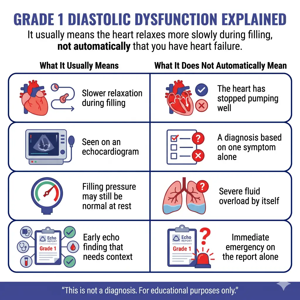 Grade 1 Diastolic Dysfunction Explained: What It Means, What Symptoms to Watch For, and When to Get Help 1 Infographic explaining grade 1 diastolic dysfunction. It says this usually means the heart relaxes more slowly during filling and does not automatically mean heart failure. It may be seen on an echocardiogram, filling pressure may still be normal at rest, and it is an early echo finding that needs context. It does not automatically mean the heart has stopped pumping well, severe fluid overload, a diagnosis based on one symptom, or an immediate emergency based on the report alone. Educational purposes only.