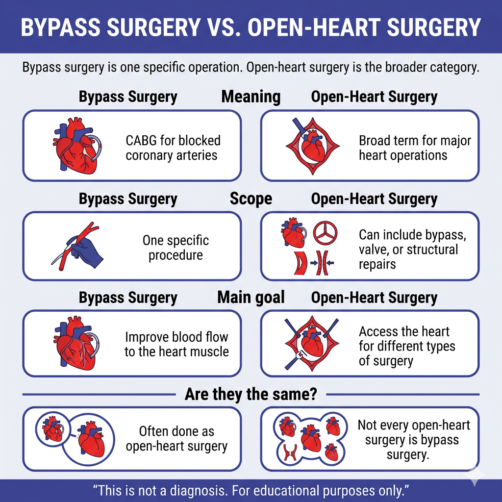 Bypass Surgery vs. Open Heart Surgery: What Is the Difference and What Do These Terms Really Mean? 1 Infographic comparing bypass surgery and open-heart surgery. It explains that bypass surgery is a specific procedure, often CABG, used to improve blood flow around blocked coronary arteries, while open-heart surgery is a broader category of major heart operations that can include bypass, valve surgery, or structural repairs. It notes that bypass surgery is often done as open-heart surgery, but not every open-heart surgery is bypass surgery. Educational purposes only.