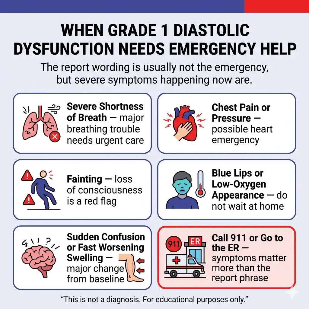 Grade 1 Diastolic Dysfunction Explained: What It Means, What Symptoms to Watch For, and When to Get Help 2 Infographic explaining when grade 1 diastolic dysfunction may need emergency help. It says the report wording is usually not the emergency, but severe symptoms happening now are. Warning signs include severe shortness of breath, chest pain or pressure, fainting, blue lips or low-oxygen appearance, sudden confusion, or fast-worsening swelling. It advises calling 911 or going to the ER because symptoms matter more than the report phrase. Educational purposes only.