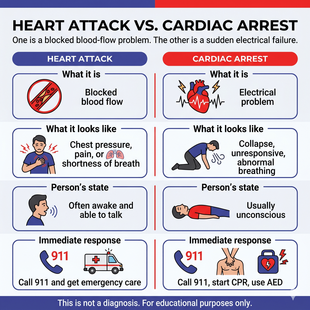 Heart Attack vs. Cardiac Arrest: What Is the Difference and When Is It an Emergency? 1 Infographic comparing a heart attack and cardiac arrest. A heart attack is described as a blocked blood-flow problem that may cause chest pressure, pain, or shortness of breath, while the person is often awake and able to talk; the response is to call 911 and get emergency care. Cardiac arrest is described as a sudden electrical problem that may cause collapse, unresponsiveness, abnormal breathing, and usually unconsciousness; the response is to call 911, start CPR, and use an AED. Educational purposes only.