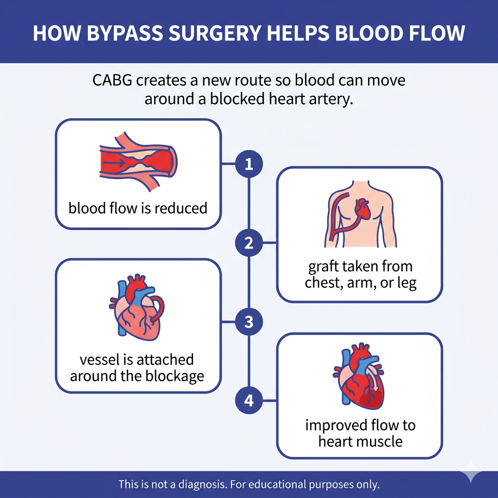 Bypass Surgery vs. Open Heart Surgery: What Is the Difference and What Do These Terms Really Mean? 2 Infographic explaining how bypass surgery helps blood flow. It says CABG creates a new route around a blocked heart artery by showing reduced blood flow, a graft taken from the chest, arm, or leg, the vessel attached around the blockage, and improved blood flow to the heart muscle. Educational purposes only.
