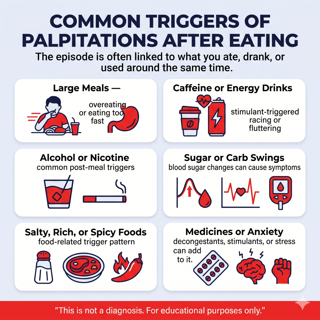 Heart Palpitations After Eating: Common Triggers, What They Can Mean, and When to Worry 1 Infographic listing common triggers of palpitations after eating, noting that episodes are often linked to what someone ate, drank, or used around the same time. Triggers shown include large meals, caffeine or energy drinks, alcohol or nicotine, sugar or carb swings, salty, rich, or spicy foods, and medicines, anxiety, stimulants, or stress. Educational purposes only.