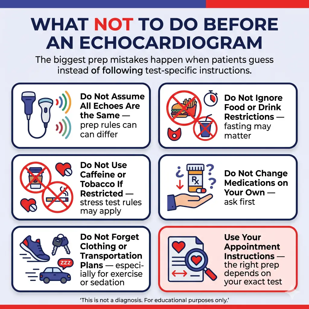 What Not to Do Before an Echocardiogram: Common Mistakes, Test Prep Tips, and When to Get Help 1 Infographic explaining what not to do before an echocardiogram. It advises patients not to assume all echocardiograms have the same prep rules, ignore food or drink restrictions, use caffeine or tobacco if restricted, change medications without asking first, or forget clothing and transportation plans for exercise or sedation. It reminds patients to follow their appointment instructions because the right preparation depends on the exact test. Educational purposes only.