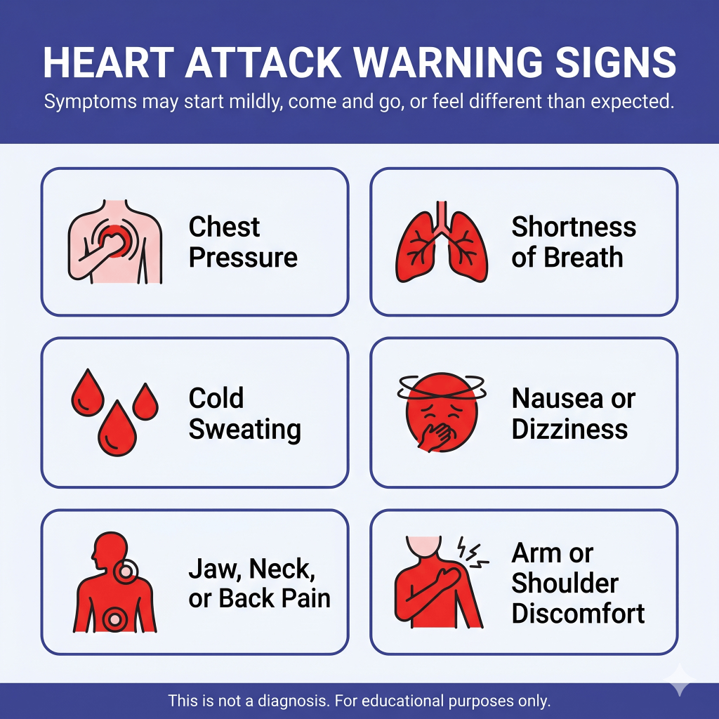 How Long Can a Heart Attack Last? Warning Signs, Timing, and When to Go to the ER 1 Heart attack warning signs infographic listing symptoms that may start mildly, come and go, or feel different than expected, including chest pressure, shortness of breath, cold sweating, nausea or dizziness, jaw, neck, or back pain, and arm or shoulder discomfort. Educational purposes only.