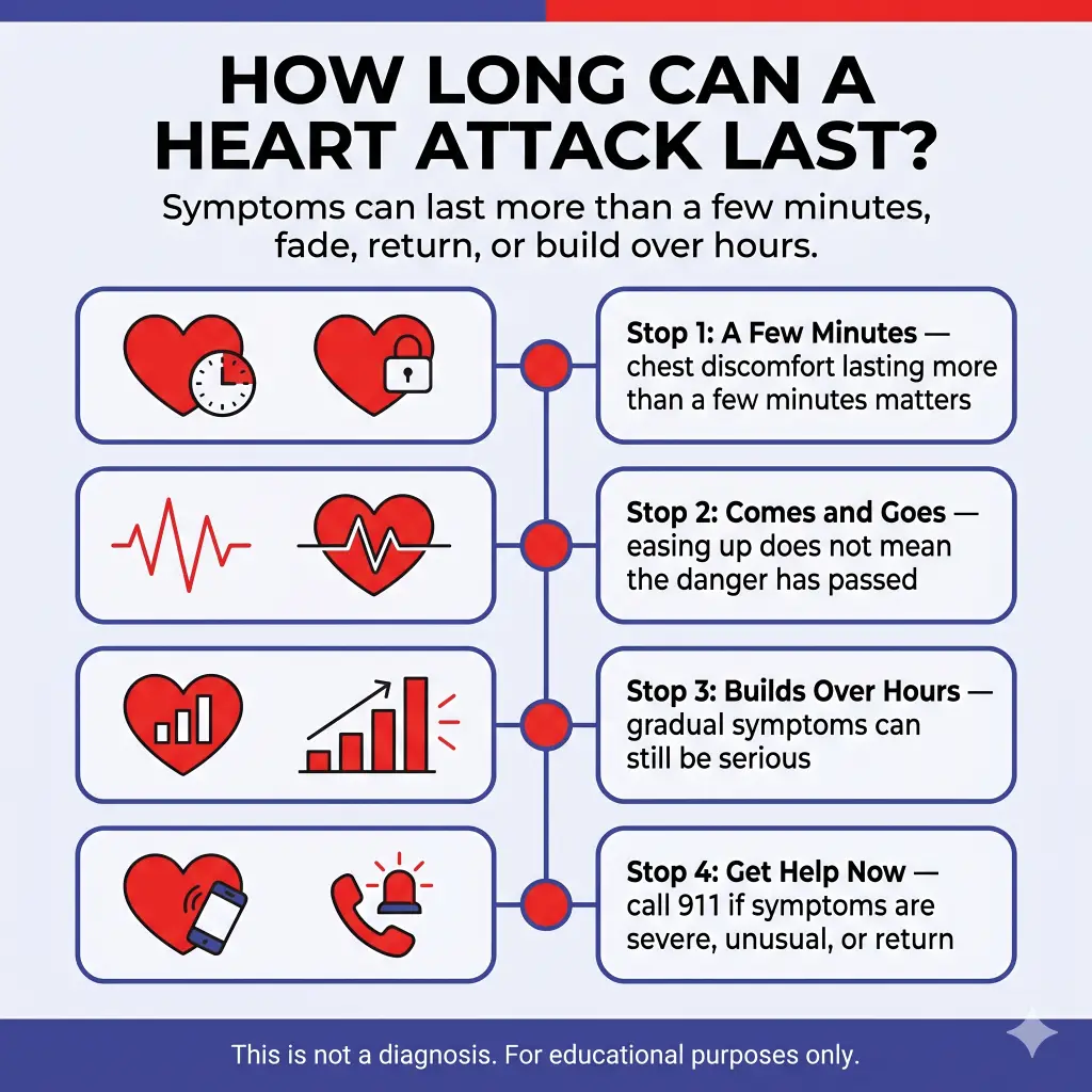 How Long Can a Heart Attack Last? Warning Signs, Timing, and When to Go to the ER 2 Infographic explaining how long heart attack symptoms can last, noting they may continue for more than a few minutes, fade and return, or build over hours. It highlights four warning points: chest discomfort lasting more than a few minutes, symptoms that come and go, gradual symptoms that worsen over time, and the need to call 911 if symptoms are severe, unusual, or return. Educational purposes only.