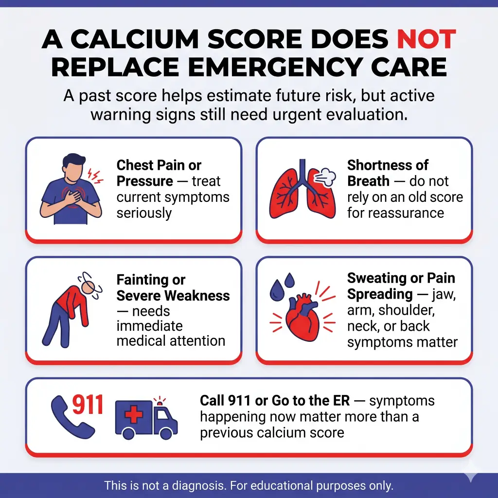 What Is a Good Calcium Score? What the Numbers Mean and When to Take Them Seriously 2 Infographic explaining that a calcium score does not replace emergency care. It says a past calcium score may help estimate future risk, but active warning signs still need urgent evaluation, including chest pain or pressure, shortness of breath, fainting or severe weakness, sweating, or pain spreading to the jaw, arm, shoulder, neck, or back. It advises calling 911 or going to the ER because current symptoms matter more than a previous calcium score. Educational purposes only.