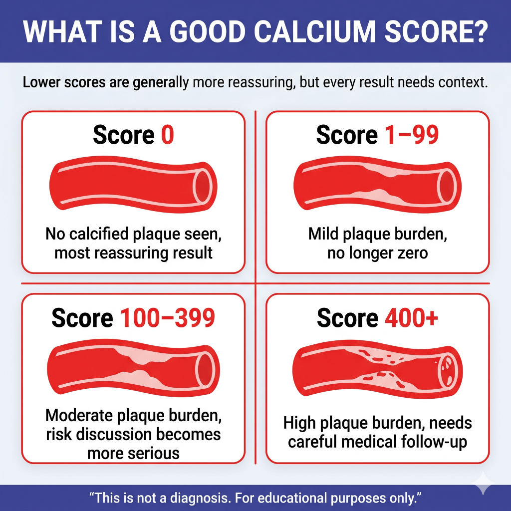 What Is a Good Calcium Score? What the Numbers Mean and When to Take Them Seriously 1 Infographic explaining calcium score ranges and plaque burden. It says lower scores are generally more reassuring, but every result needs context. Score 0 means no calcified plaque seen; 1–99 means mild plaque burden; 100–399 means moderate plaque burden with a more serious risk discussion; and 400+ means high plaque burden needing careful medical follow-up. Educational purposes only.