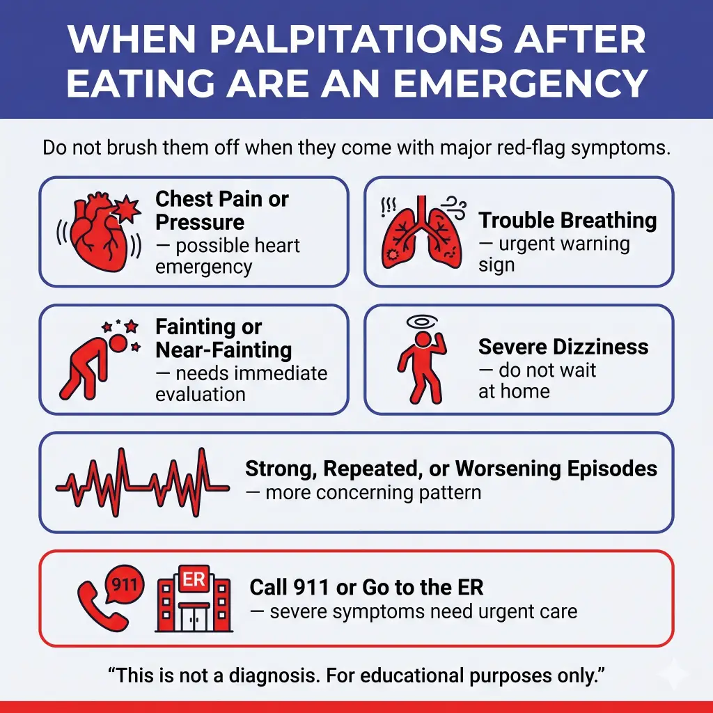 Heart Palpitations After Eating: Common Triggers, What They Can Mean, and When to Worry 2 Infographic explaining when palpitations after eating may be an emergency. It warns not to ignore palpitations that come with major red-flag symptoms, including chest pain or pressure, trouble breathing, fainting or near-fainting, severe dizziness, or strong, repeated, or worsening episodes. It advises calling 911 or going to the ER because severe symptoms need urgent care. Educational purposes only.