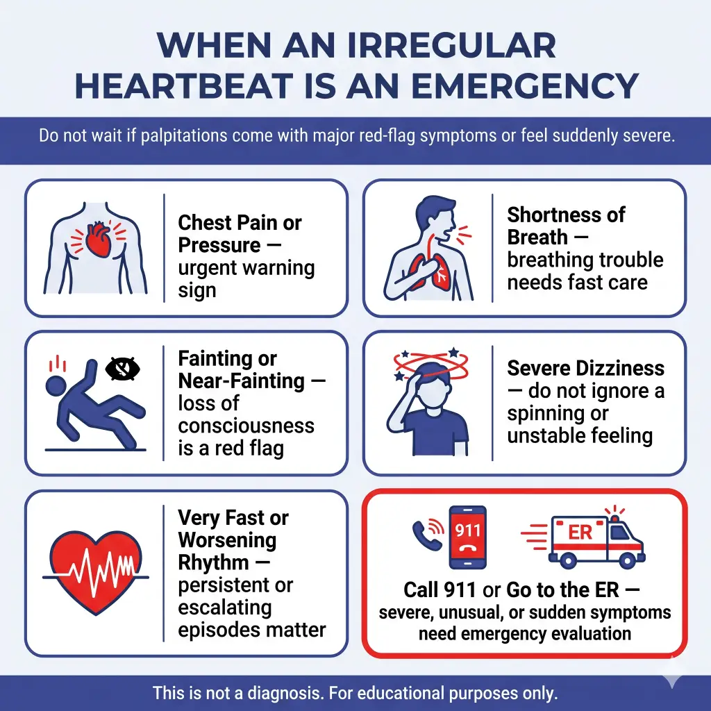 When Should You Be Worried About an Irregular Heartbeat? Warning Signs, Common Causes, and When to Go to the ER 2 Infographic explaining when an irregular heartbeat may be an emergency. It warns not to wait if palpitations come with major red-flag symptoms or feel suddenly severe, including chest pain or pressure, shortness of breath, fainting or near-fainting, severe dizziness, or a very fast or worsening rhythm. It advises calling 911 or going to the ER for severe, unusual, or sudden symptoms. Educational purposes only.