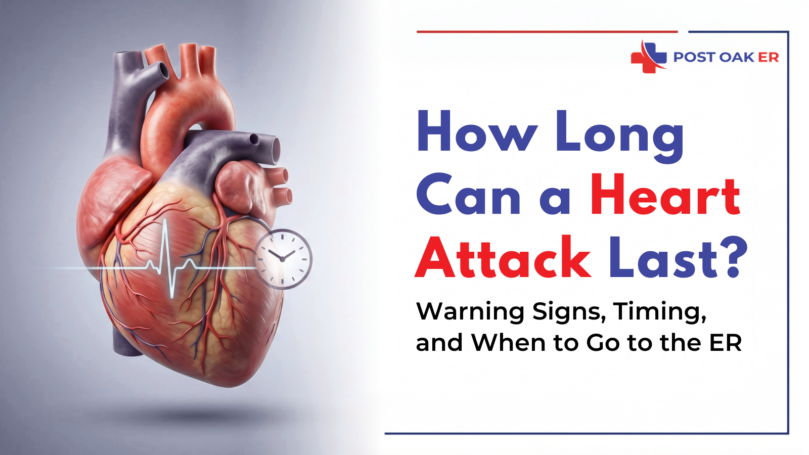 Medical illustration of a human heart with an ECG line and clock beside Post Oak ER text: “How Long Can a Heart Attack Last? Warning Signs, Timing, and When to Go to the ER.”