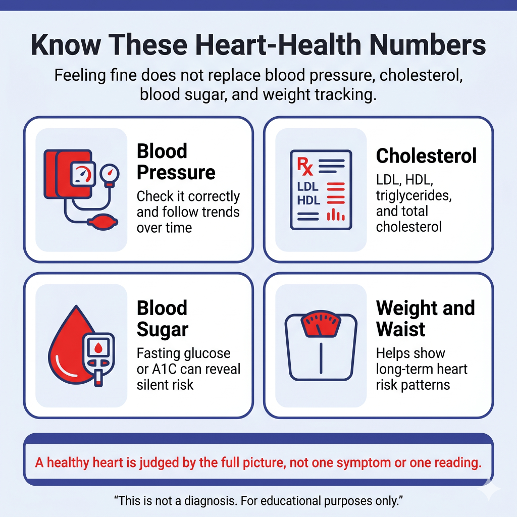 How to Know If Your Heart Is Healthy: Signs to Watch, Numbers to Know, and When to Get Checked 1 Infographic titled “Know These Heart-Health Numbers,” explaining that feeling fine does not replace tracking blood pressure, cholesterol, blood sugar, and weight. It highlights four key measures: blood pressure trends, cholesterol levels including LDL, HDL, triglycerides, and total cholesterol, blood sugar such as fasting glucose or A1C, and weight and waist measurements. A note says a healthy heart is judged by the full picture, not one symptom or one reading.