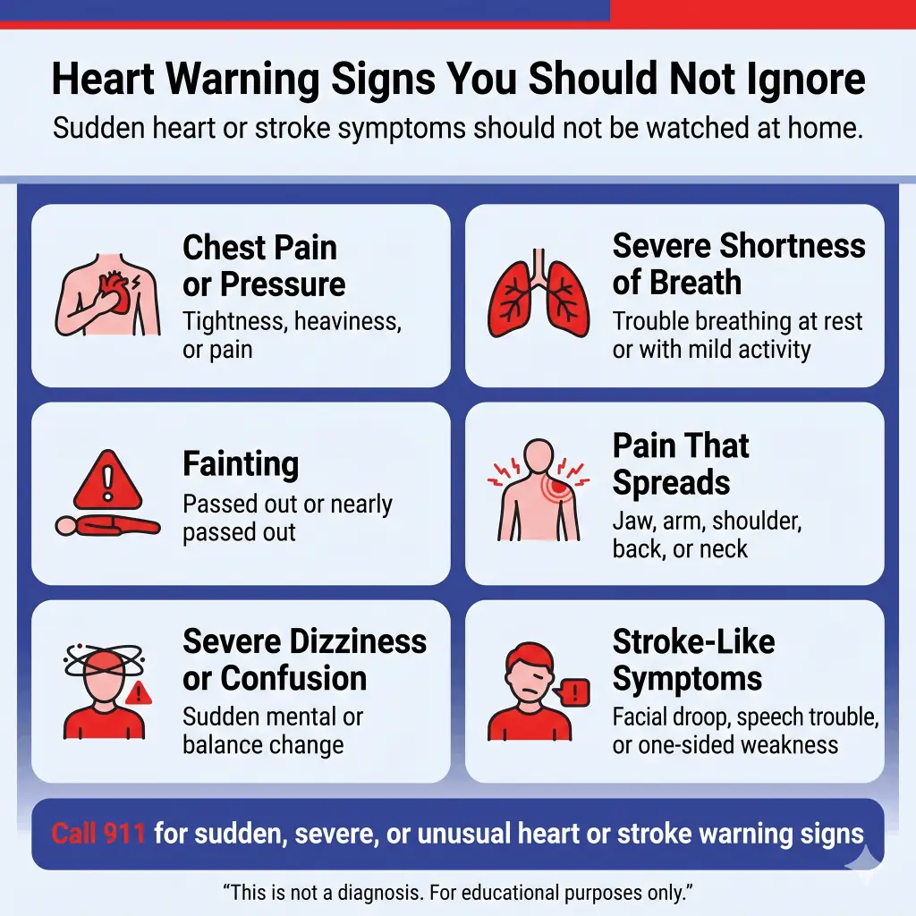 How to Know If Your Heart Is Healthy: Signs to Watch, Numbers to Know, and When to Get Checked 2 Infographic titled “Heart Warning Signs You Should Not Ignore,” warning that sudden heart or stroke symptoms should not be watched at home. It lists urgent warning signs including chest pain or pressure, severe shortness of breath, fainting, pain spreading to the jaw, arm, shoulder, back, or neck, severe dizziness or confusion, and stroke-like symptoms such as facial droop, speech trouble, or one-sided weakness. A bottom banner says to call 911 for sudden, severe, or unusual heart or stroke warning signs.
