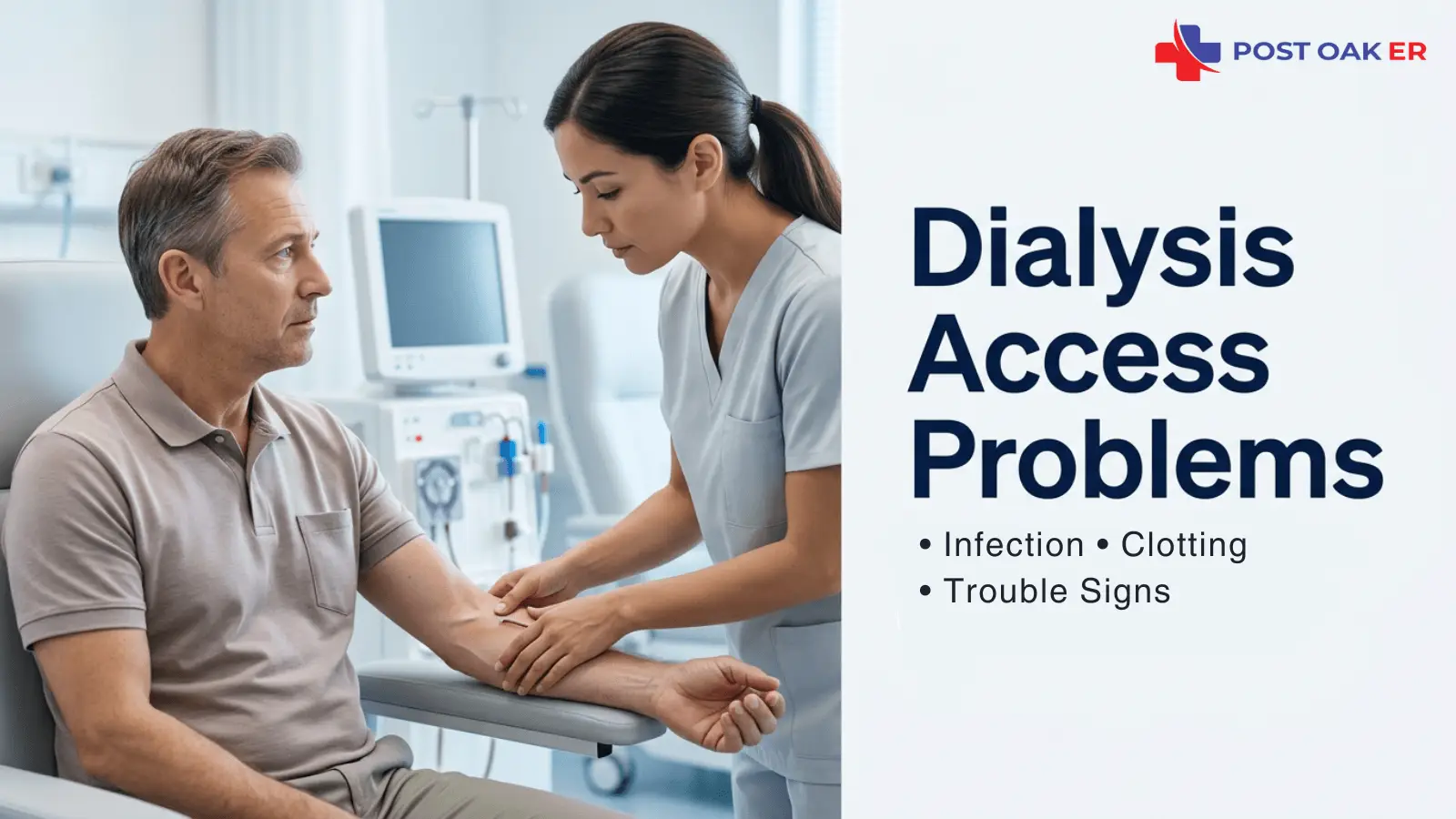 Post Oak ER graphic showing a clinician examining a male patient’s arm in a dialysis treatment setting, with the headline: “Dialysis Access Problems — Infection • Cltting • Trouble Signs.”