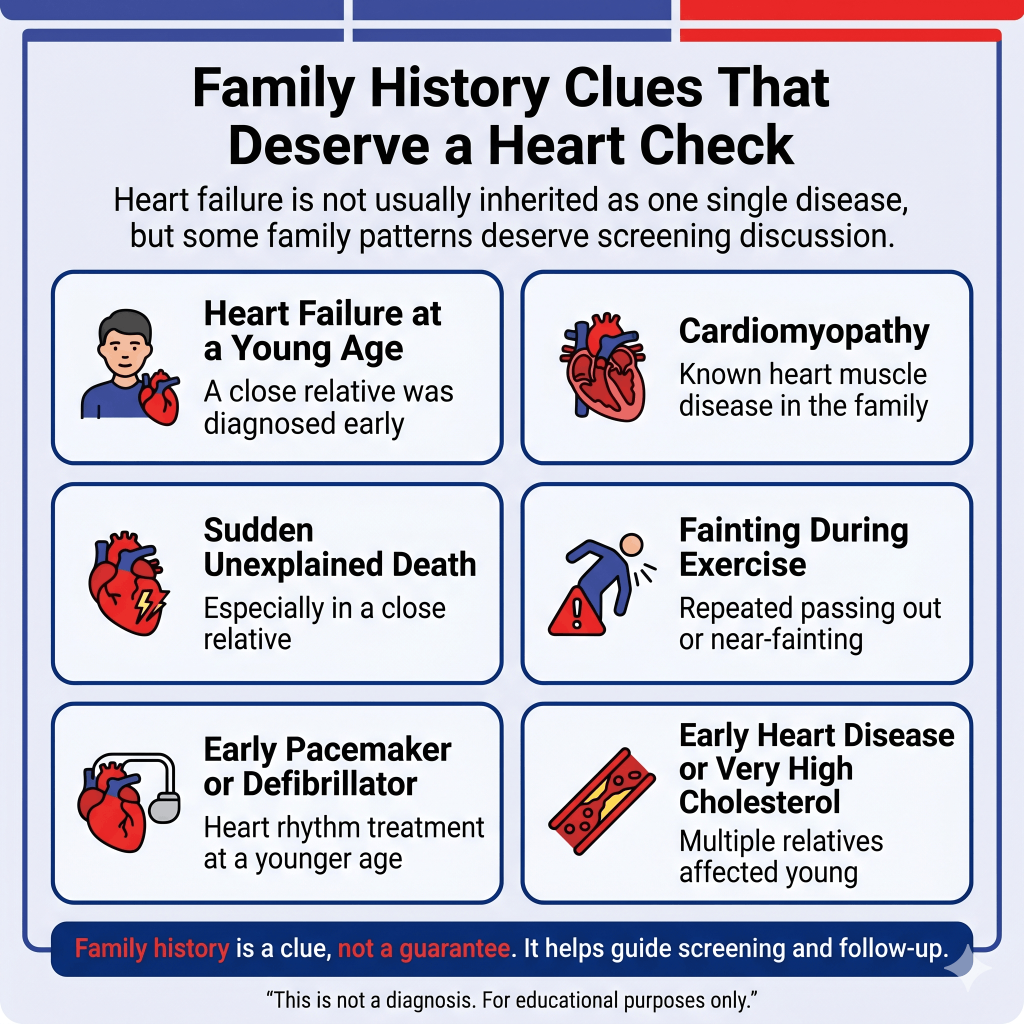 Is Congestive Heart Failure Hereditary? Family History, Genetic Risk, and When to Get Checked 1 Infographic titled “Family History Clues That Deserve a Heart Check,” explaining that heart failure is not usually inherited as one single disease, but some family patterns may need screening discussion. It lists warning clues including heart failure at a young age, cardiomyopathy, sudden unexplained death, fainting during exercise, early pacemaker or defibrillator use, and early heart disease or very high cholesterol in multiple relatives. A bottom note says family history is a clue, not a guarantee, and helps guide screening and follow-up.