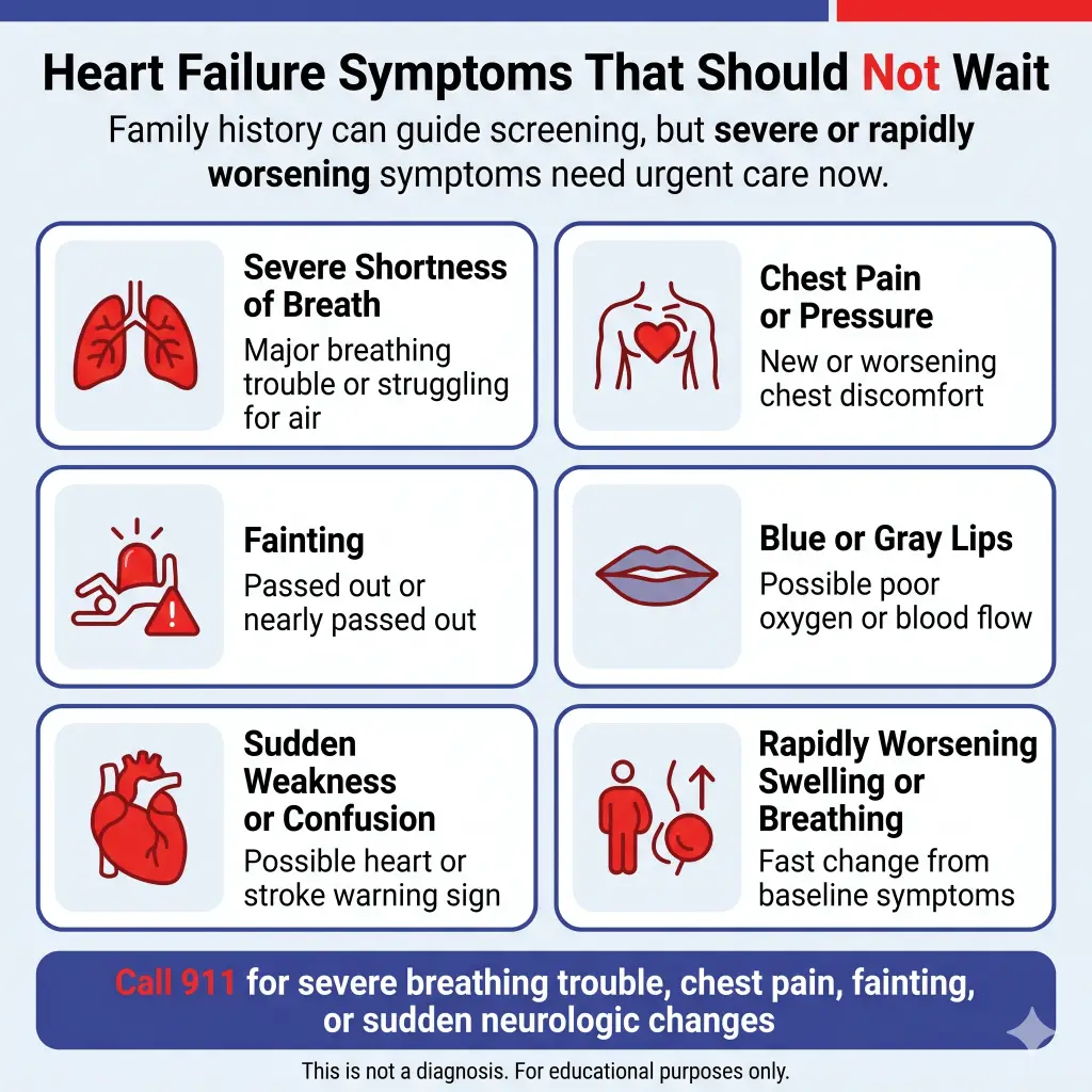 Is Congestive Heart Failure Hereditary? Family History, Genetic Risk, and When to Get Checked 2 Infographic titled “Heart Failure Symptoms That Should Not Wait,” explaining that family history can guide screening, but severe or rapidly worsening symptoms need urgent care. It lists warning signs including severe shortness of breath, chest pain or pressure, fainting, blue or gray lips, sudden weakness or confusion, and rapidly worsening swelling or breathing. A bottom banner says to call 911 for severe breathing trouble, chest pain, fainting, or sudden neurologic changes.