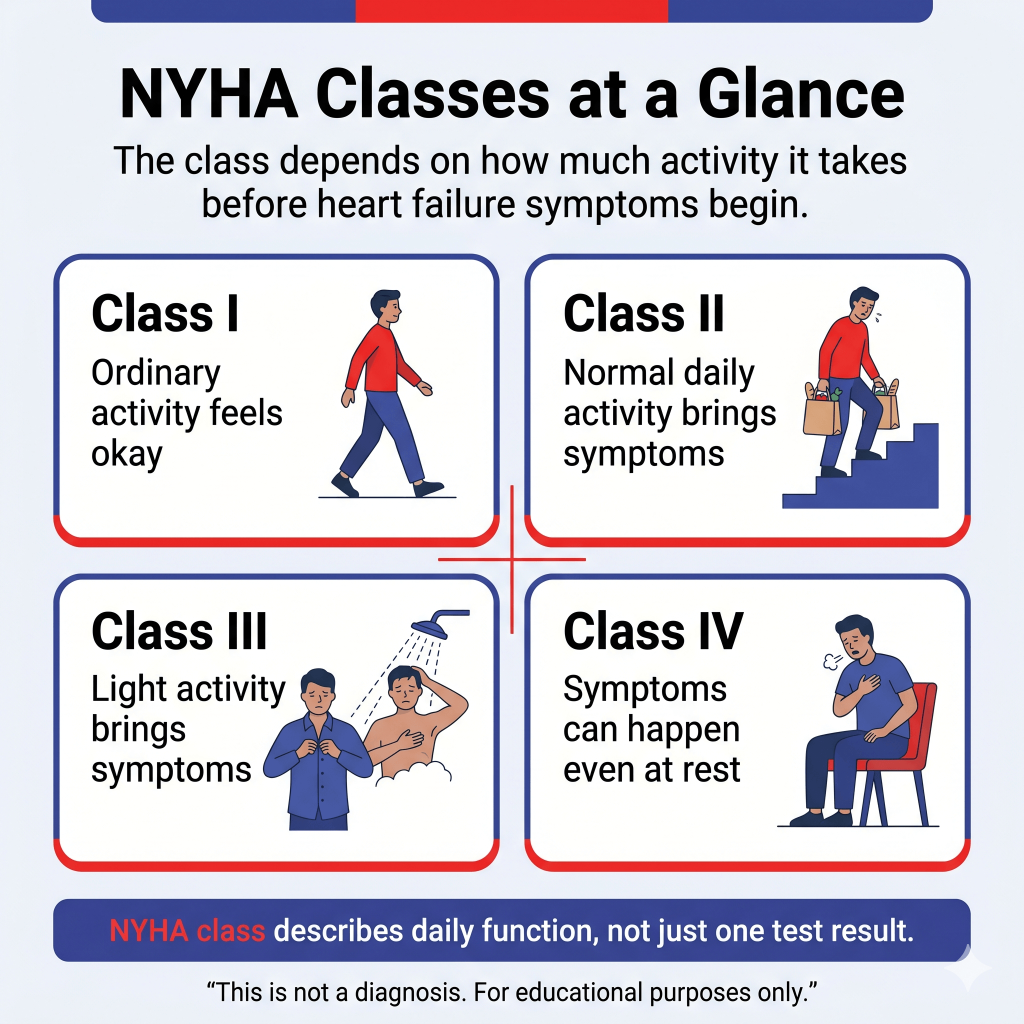 NYHA Class Explained: What Heart Failure Classes Mean for Daily Activity, Symptoms, and Emergency Warning Signs 2 Infographic titled “NYHA Classes at a Glance,” explaining that heart failure class depends on how much activity it takes before symptoms begin. Class I means ordinary activity feels okay, Class II means normal daily activity brings symptoms, Class III means light activity brings symptoms, and Class IV means symptoms can happen even at rest. A note says NYHA class describes daily function, not just one test result.