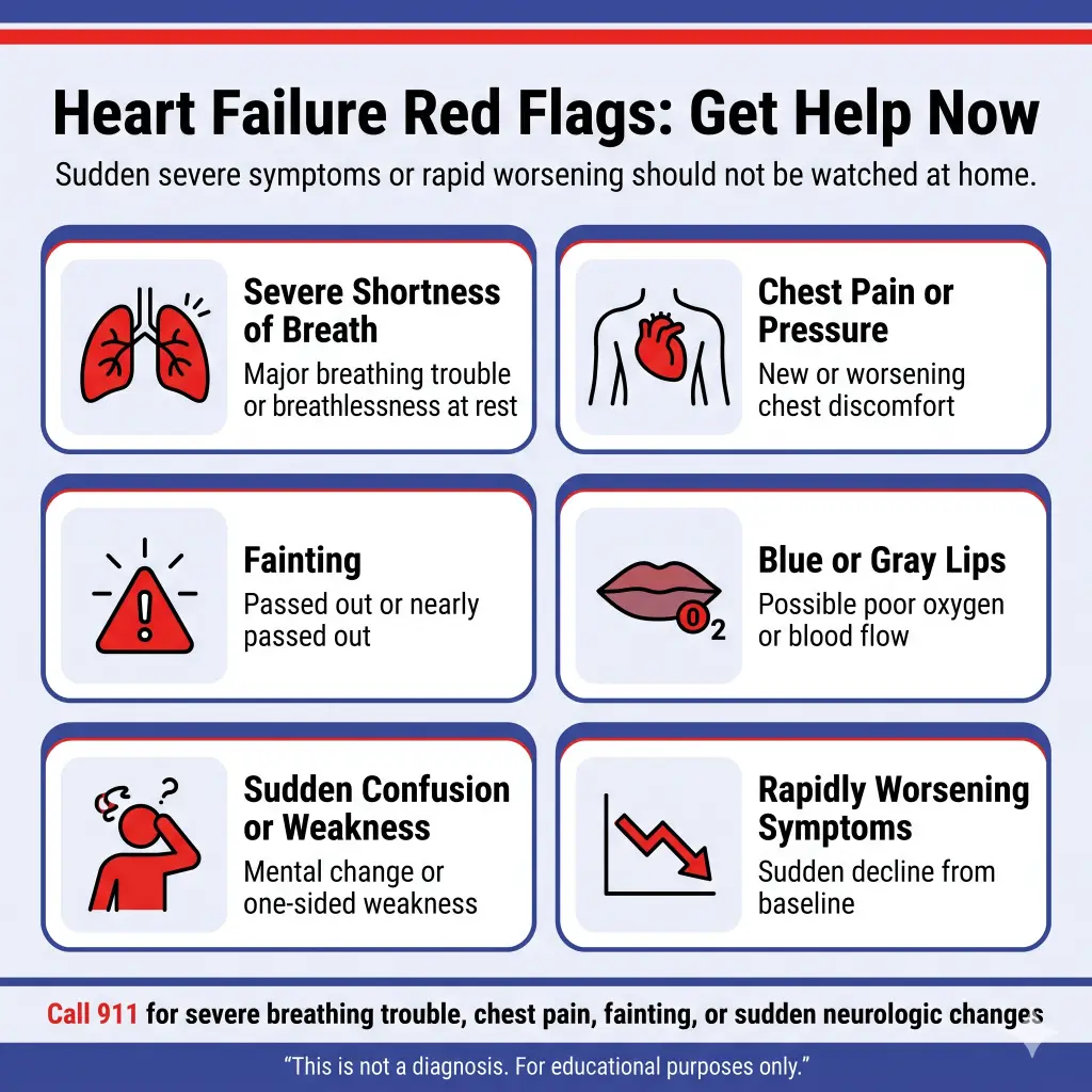 NYHA Class Explained: What Heart Failure Classes Mean for Daily Activity, Symptoms, and Emergency Warning Signs 1 Infographic titled “Heart Failure Red Flags: Get Help Now,” warning that sudden severe symptoms or rapid worsening should not be watched at home. It lists emergency signs including severe shortness of breath, chest pain or pressure, fainting, blue or gray lips, sudden confusion or weakness, and rapidly worsening symptoms. A bottom banner says to call 911 for severe breathing trouble, chest pain, fainting, or sudden neurologic changes.