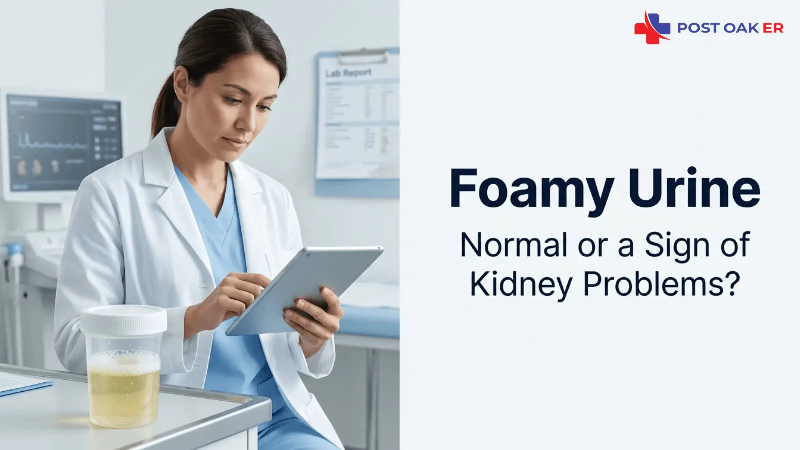 Post Oak ER graphic showing a clinician in a white coat reviewing a tablet beside a urine sample cup, with the headline: “Foamy Urine — Normal or a Sign of Kidney Problems?”
