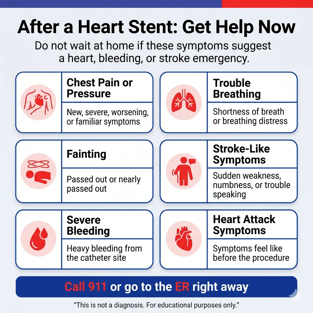 What to Avoid After a Heart Stent: Recovery Mistakes, Medication Warnings, and When to Get Help 2 Infographic titled “After a Heart Stent: Get Help Now,” warning not to wait at home if symptoms suggest a heart, bleeding, or stroke emergency. It lists urgent signs including chest pain or pressure, trouble breathing, fainting, stroke-like symptoms, severe bleeding from the catheter site, and heart attack symptoms similar to before the procedure. A bottom banner says to call 911 or go to the ER right away.