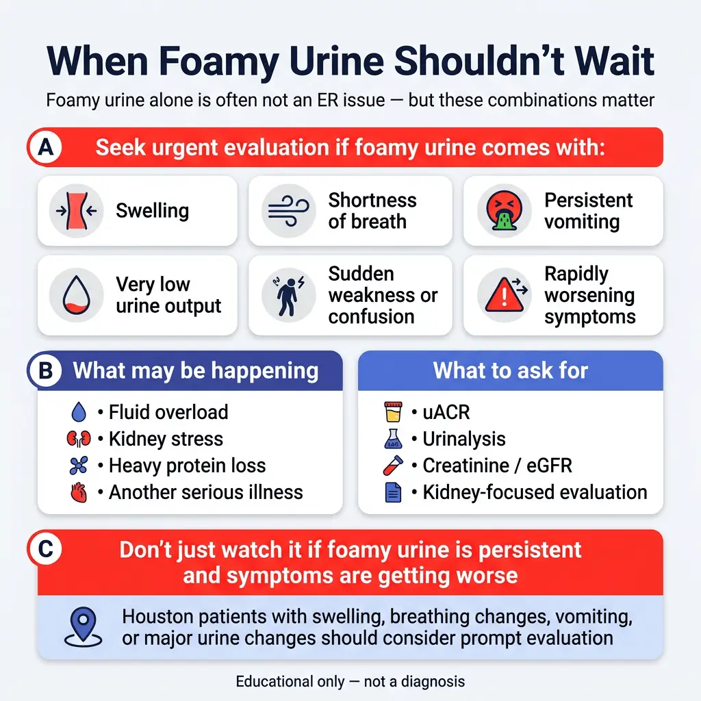 Foamy Urine: Is It Normal or a Sign of Kidney Problems? 2 Infographic titled “When Foamy Urine Shouldn’t Wait” explaining that foamy urine may need urgent evaluation when it occurs with swelling, shortness of breath, persistent vomiting, very low urine output, sudden weakness or confusion, or rapidly worsening symptoms. It also notes possible concerns such as fluid overload, kidney stress, heavy protein loss, or another serious illness, and recommends tests like uACR, urinalysis, creatinine, and eGFR.