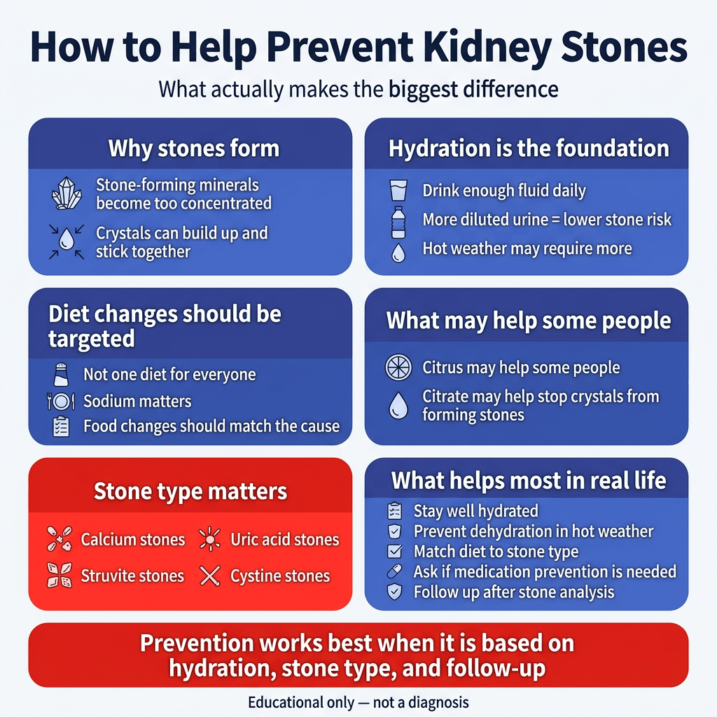How to Prevent Kidney Stones: What Actually Helps 1 Infographic titled “How to Help Prevent Kidney Stones” explaining that prevention works best through good hydration, targeted diet changes, and follow-up based on stone type. It notes that stones form when minerals become concentrated, that citrus or citrate may help some people, and that prevention can differ for calcium, uric acid, struvite, and cystine stones.