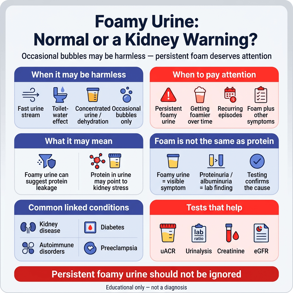 Foamy Urine: Is It Normal or a Sign of Kidney Problems? 1 Infographic titled “Foamy Urine: Normal or a Kidney Warning?” explaining that occasional bubbles can be harmless, but persistent or worsening foamy urine may need medical attention. It notes possible links to protein leakage or kidney stress, associated conditions like kidney disease, diabetes, autoimmune disorders, and preeclampsia, and lists helpful tests including uACR, urinalysis, creatinine, and eGFR.