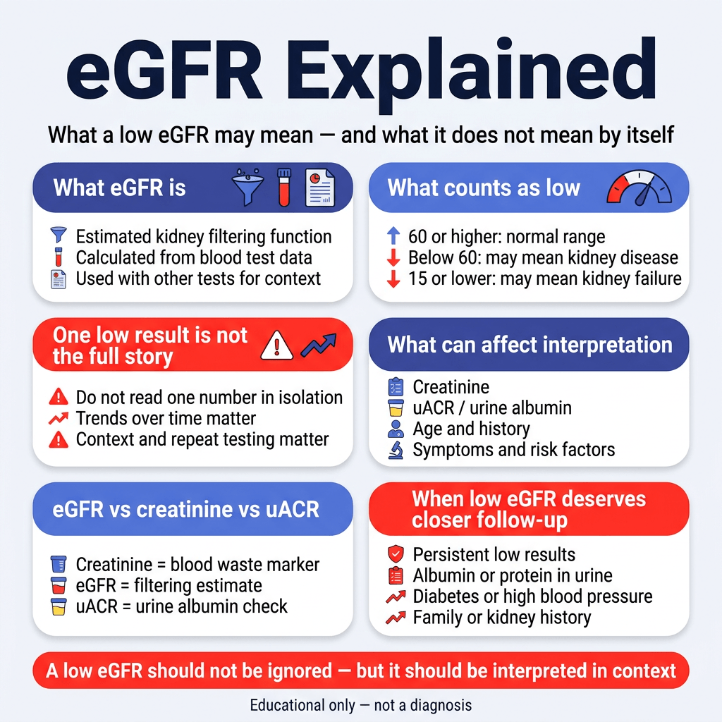 eGFR Explained: What a Low eGFR Means and What to Do Next 1 Infographic titled “eGFR Explained” describing what eGFR is, what counts as low, and why one low result should be interpreted in context. It explains that eGFR estimates kidney filtering function, notes that values below 60 may suggest kidney disease, compares eGFR with creatinine and uACR, and lists factors that affect interpretation such as age, symptoms, urine albumin, and repeat testing.