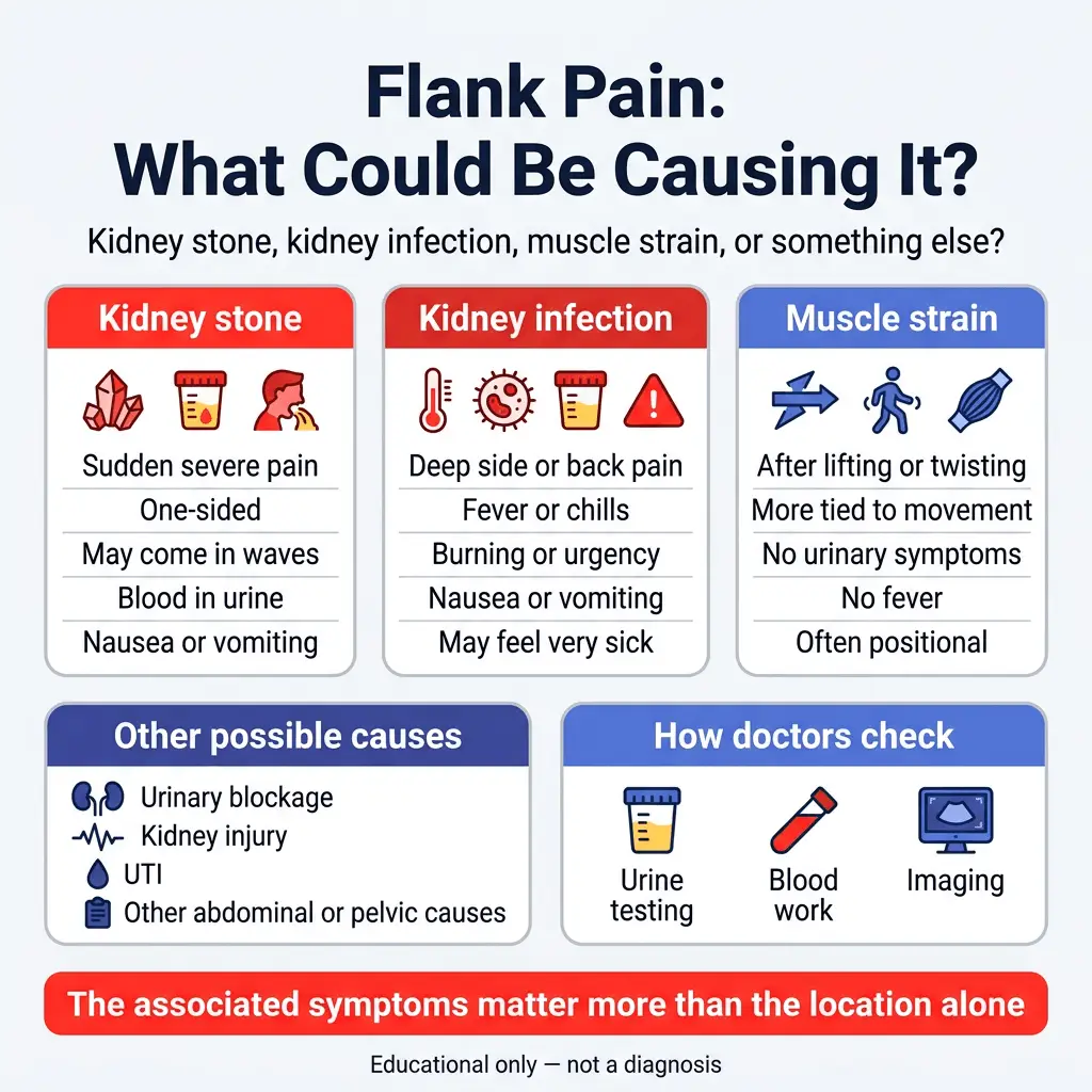 Flank Pain: Kidney Stone, Kidney Infection, Muscle Strain, or Something Else? 1 Infographic titled “Flank Pain: What Could Be Causing It?” comparing kidney stone, kidney infection, and muscle strain. It lists typical symptoms for each, mentions other possible causes like urinary blockage, kidney injury, UTI, or pelvic causes, and says doctors may check with urine testing, blood work, and imaging.