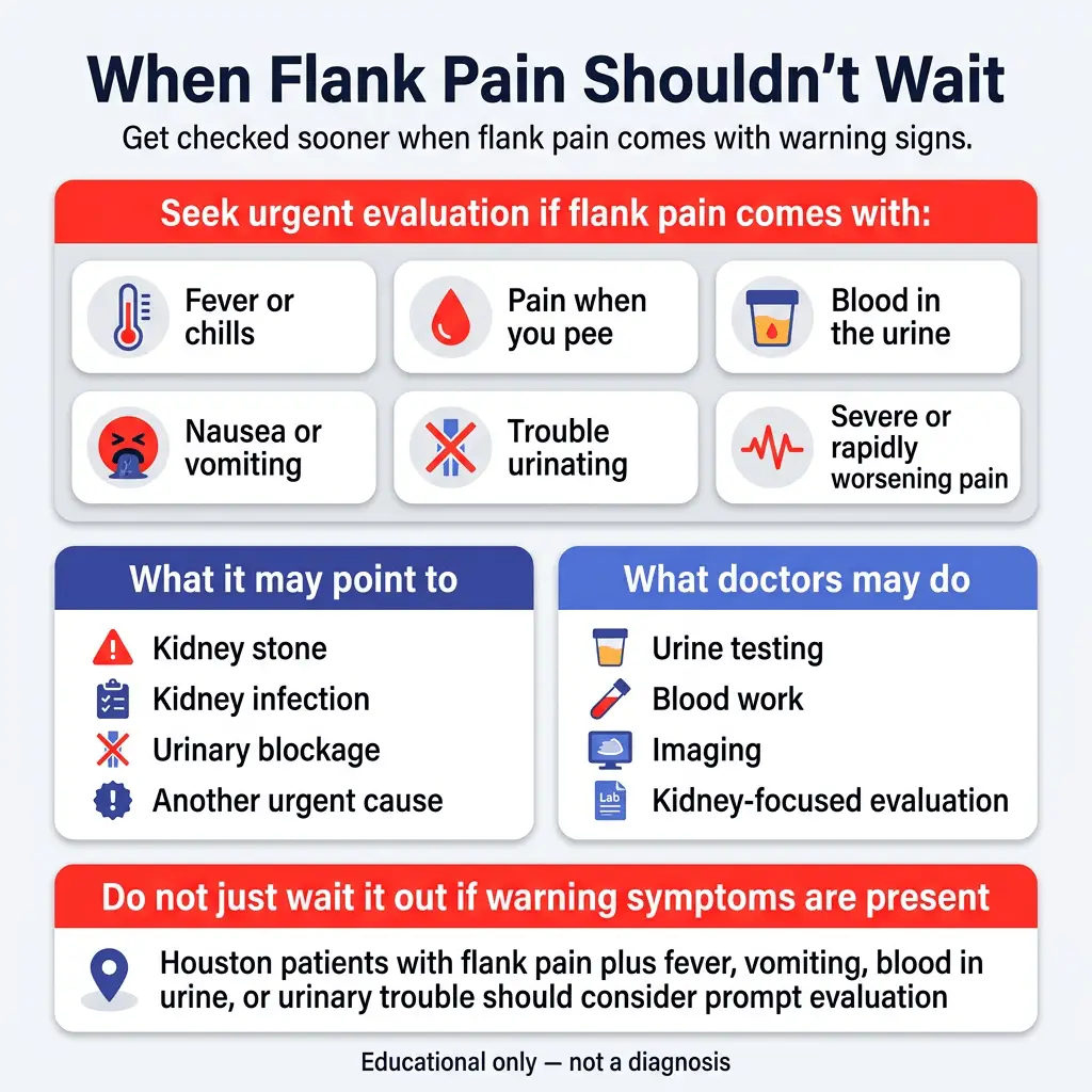 Flank Pain: Kidney Stone, Kidney Infection, Muscle Strain, or Something Else? 2 Infographic titled “When Flank Pain Shouldn’t Wait” explaining that urgent evaluation is recommended when flank pain occurs with fever or chills, pain when urinating, blood in the urine, nausea or vomiting, trouble urinating, or severe or rapidly worsening pain. It also notes possible causes such as kidney stone, kidney infection, urinary blockage, or another urgent condition, and says doctors may use urine testing, blood work, imaging, and a kidney-focused evaluation.
