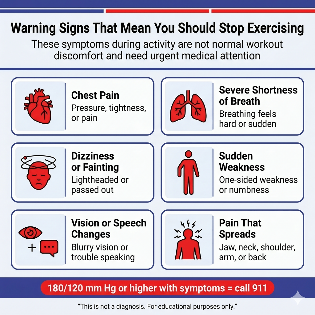 The Dangers of Exercising With High Blood Pressure: When It Helps, When to Be Careful, and When to Stop 2 Infographic titled “Warning Signs That Mean You Should Stop Exercising,” listing urgent symptoms during activity including chest pain, severe shortness of breath, dizziness or fainting, sudden weakness or numbness, vision or speech changes, and pain spreading to the jaw, neck, shoulder, arm, or back. A red banner states: “180/120 mm Hg or higher with symptoms = call 911.”