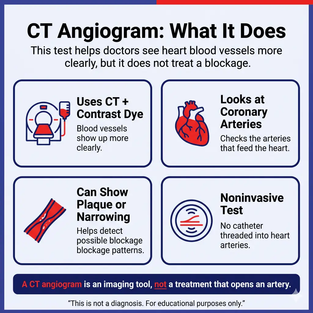 CT Angiogram Explained: What It Shows, Why Doctors Use It, and When Symptoms Need Urgent Care 2 Infographic titled “CT Angiogram: What It Does,” explaining that a CT angiogram helps doctors see heart blood vessels more clearly but does not treat a blockage. It says the test uses CT plus contrast dye, looks at the coronary arteries, can show plaque or narrowing, and is noninvasive with no catheter threaded into the heart arteries. A bottom note says a CT angiogram is an imaging tool, not a treatment that opens an artery.