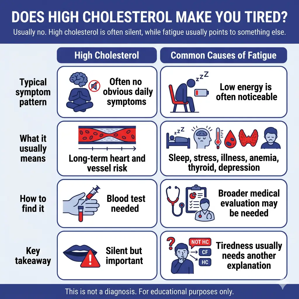 Does High Cholesterol Make You Tired? What It Usually Does, What It Usually Doesn’t, and When to Get Checked 1 Infographic explaining that high cholesterol usually does not directly make a person tired because it is often silent. It compares high cholesterol with common causes of fatigue, noting that cholesterol is usually found through a blood test and relates to long-term heart and vessel risk, while tiredness is more often linked to sleep problems, stress, illness, anemia, thyroid issues, depression, or other medical causes. Educational purposes only.