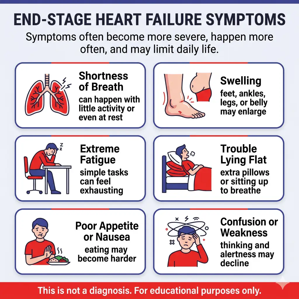 End-Stage Heart Failure Symptoms: What to Expect and When to Get Emergency Help 1 Infographic listing symptoms of end-stage heart failure, noting that symptoms may become more severe, happen more often, and limit daily life. Symptoms shown include shortness of breath with little activity or at rest, swelling in the feet, ankles, legs, or belly, extreme fatigue, trouble lying flat, poor appetite or nausea, and confusion or weakness. Educational purposes only.
