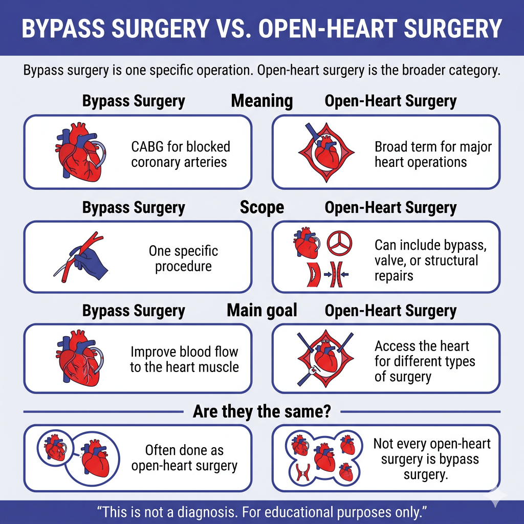 Bypass Surgery vs. Open Heart Surgery: What Is the Difference and What Do These Terms Really Mean? 1 Infographic comparing bypass surgery and open-heart surgery. It explains that bypass surgery is a specific procedure, often CABG, used to improve blood flow around blocked coronary arteries, while open-heart surgery is a broader category of major heart operations that can include bypass, valve surgery, or structural repairs. It notes that bypass surgery is often done as open-heart surgery, but not every open-heart surgery is bypass surgery. Educational purposes only.