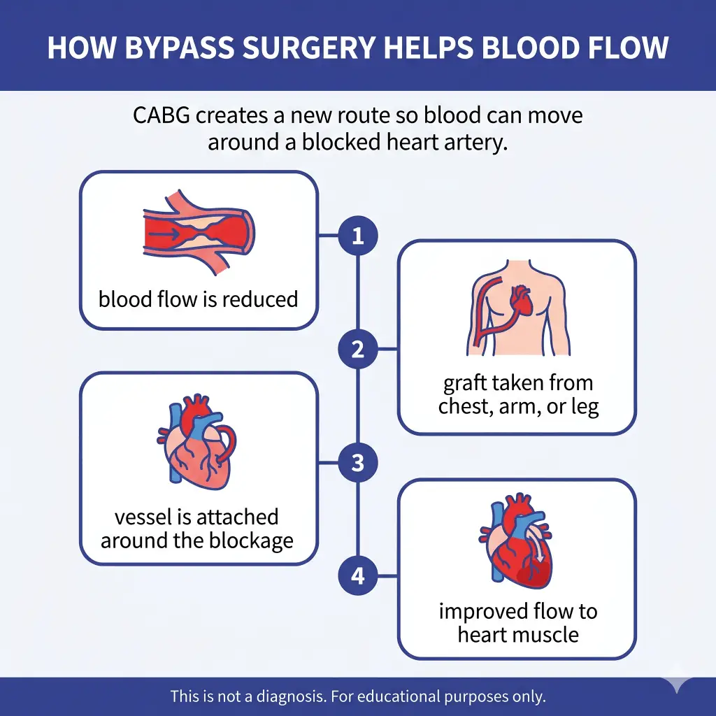 Bypass Surgery vs. Open Heart Surgery: What Is the Difference and What Do These Terms Really Mean? 2 Infographic explaining how bypass surgery helps blood flow. It says CABG creates a new route around a blocked heart artery by showing reduced blood flow, a graft taken from the chest, arm, or leg, the vessel attached around the blockage, and improved blood flow to the heart muscle. Educational purposes only.
