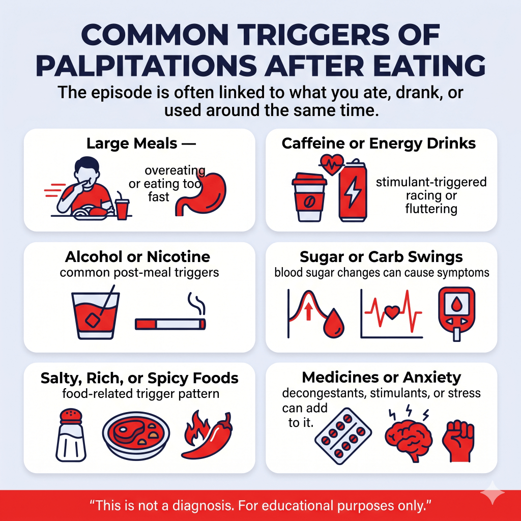 Heart Palpitations After Eating: Common Triggers, What They Can Mean, and When to Worry 1 Infographic listing common triggers of palpitations after eating, noting that episodes are often linked to what someone ate, drank, or used around the same time. Triggers shown include large meals, caffeine or energy drinks, alcohol or nicotine, sugar or carb swings, salty, rich, or spicy foods, and medicines, anxiety, stimulants, or stress. Educational purposes only.
