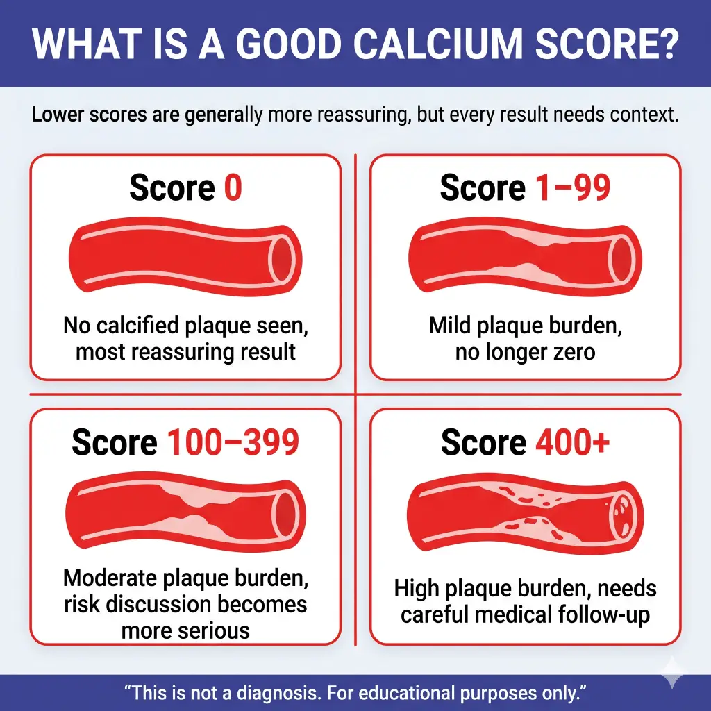 What Is a Good Calcium Score? What the Numbers Mean and When to Take Them Seriously 1 Infographic explaining calcium score ranges and plaque burden. It says lower scores are generally more reassuring, but every result needs context. Score 0 means no calcified plaque seen; 1–99 means mild plaque burden; 100–399 means moderate plaque burden with a more serious risk discussion; and 400+ means high plaque burden needing careful medical follow-up. Educational purposes only.