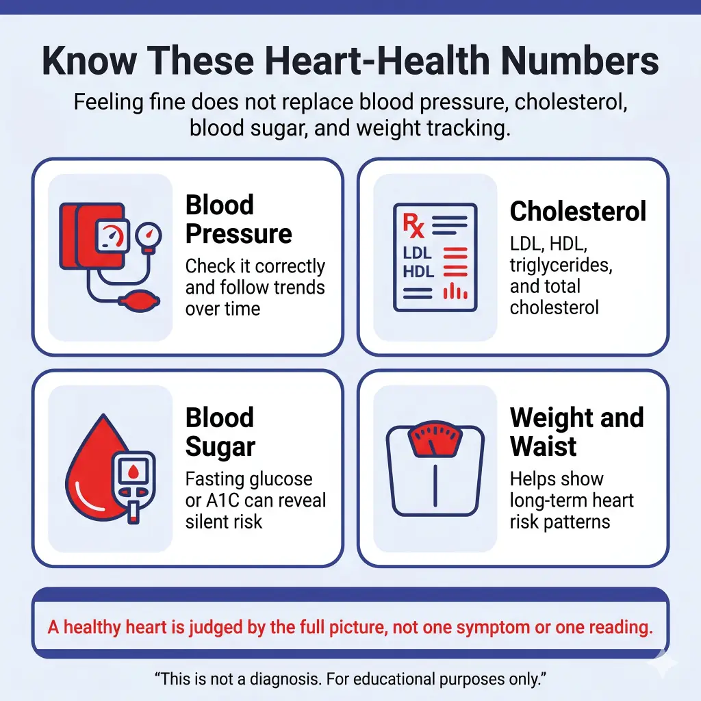 How to Know If Your Heart Is Healthy: Signs to Watch, Numbers to Know, and When to Get Checked 1 Infographic titled “Know These Heart-Health Numbers,” explaining that feeling fine does not replace tracking blood pressure, cholesterol, blood sugar, and weight. It highlights four key measures: blood pressure trends, cholesterol levels including LDL, HDL, triglycerides, and total cholesterol, blood sugar such as fasting glucose or A1C, and weight and waist measurements. A note says a healthy heart is judged by the full picture, not one symptom or one reading.