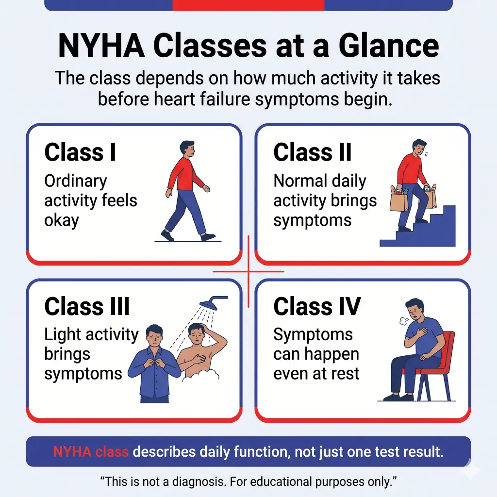 NYHA Class Explained: What Heart Failure Classes Mean for Daily Activity, Symptoms, and Emergency Warning Signs 2 Infographic titled “NYHA Classes at a Glance,” explaining that heart failure class depends on how much activity it takes before symptoms begin. Class I means ordinary activity feels okay, Class II means normal daily activity brings symptoms, Class III means light activity brings symptoms, and Class IV means symptoms can happen even at rest. A note says NYHA class describes daily function, not just one test result.