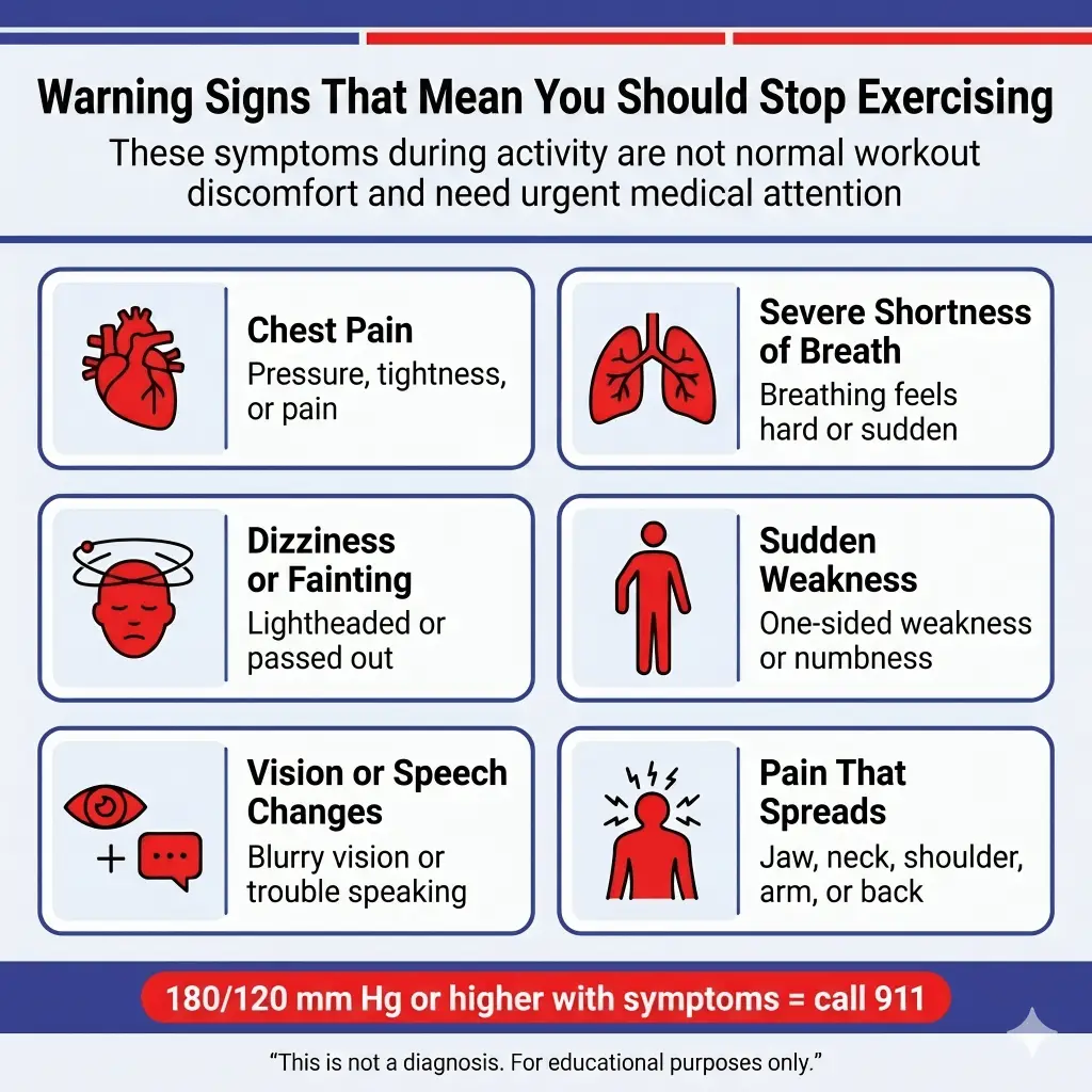 The Dangers of Exercising With High Blood Pressure: When It Helps, When to Be Careful, and When to Stop 2 Infographic titled “Warning Signs That Mean You Should Stop Exercising,” listing urgent symptoms during activity including chest pain, severe shortness of breath, dizziness or fainting, sudden weakness or numbness, vision or speech changes, and pain spreading to the jaw, neck, shoulder, arm, or back. A red banner states: “180/120 mm Hg or higher with symptoms = call 911.”