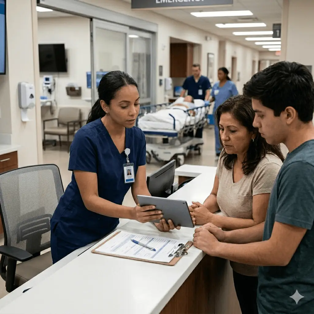 Emergency room nurse explaining patient care information to a family at an ER check-in desk.