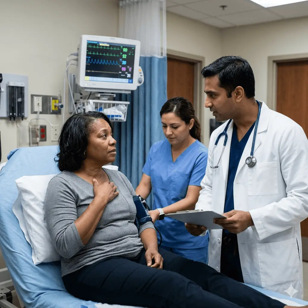Emergency room doctor and nurse evaluating a woman with chest pain in a hospital treatment room.