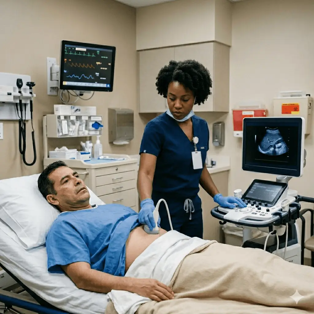 Female ER clinician performs an ultrasound exam on a male patient in a Houston emergency imaging room.