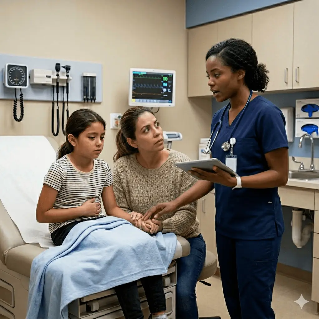 Pediatric ER nurse evaluates child with stomach pain beside concerned parent in a Houston emergency room