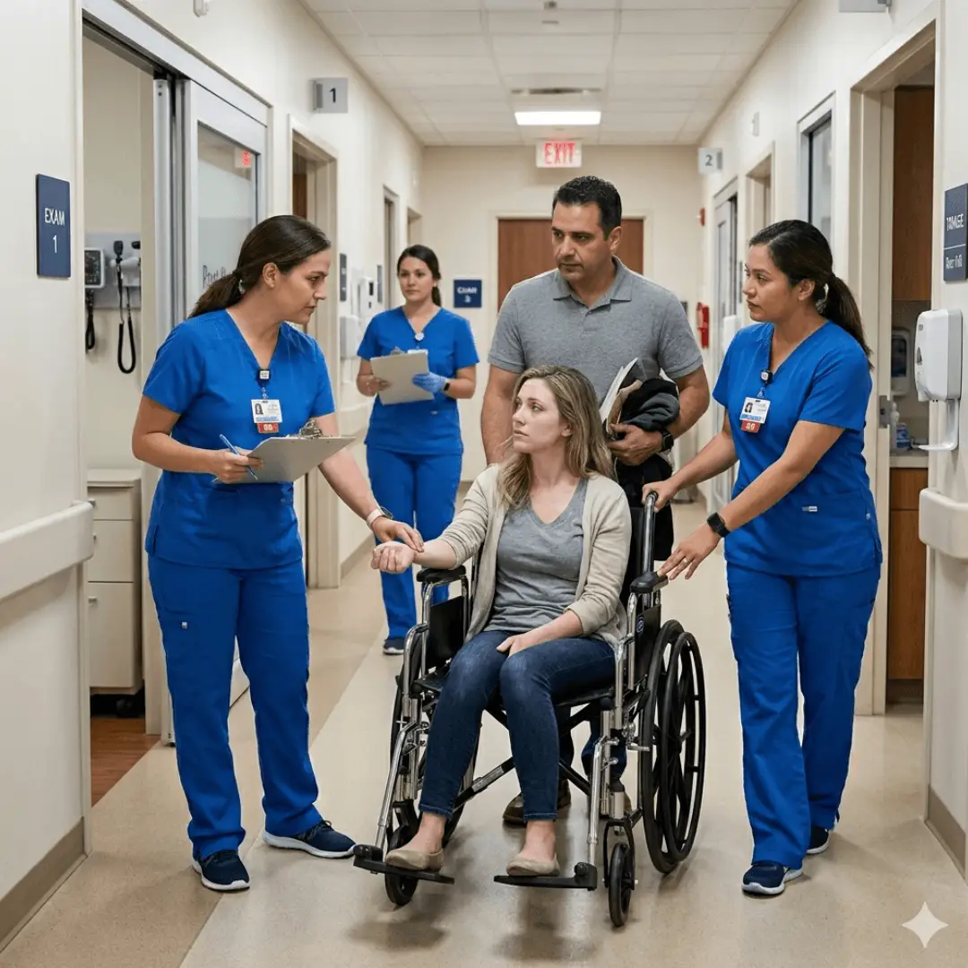 Emergency room nurses assisting a patient in a wheelchair through a ER exam room hallway.